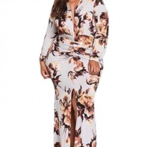 White Plus Size Ruched Floral Plunge Maxi Dress